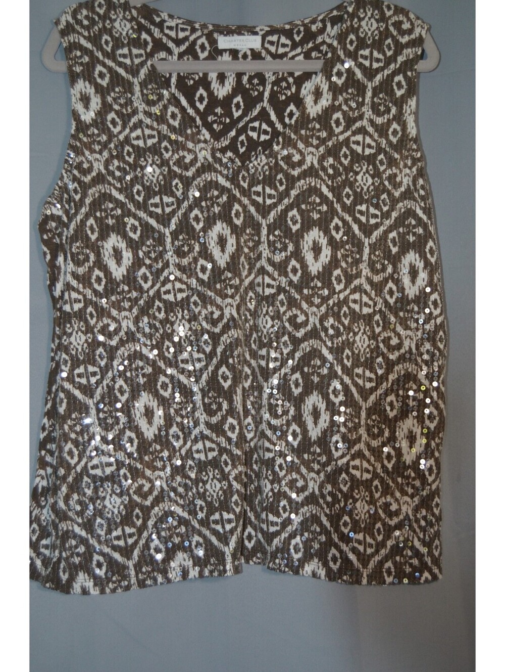 Charter Club Women's Sleeveless Brown and White Patterned Top with Sequin Detail